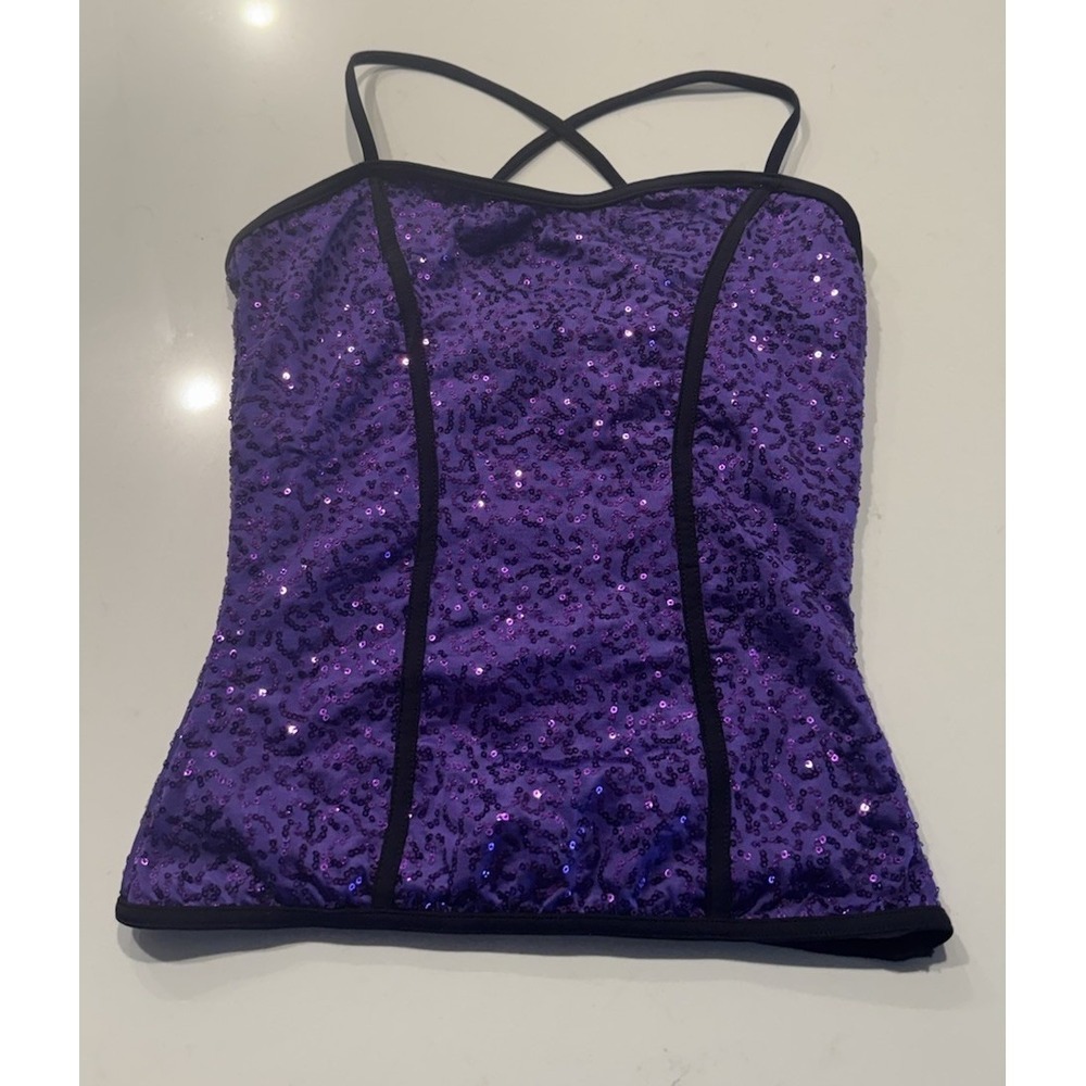 Balera Purple Sequin Tank Top Size Small Adult SA Black Trim Dance Salsa Sparkle